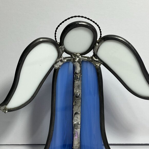 Stained Glass Angel Figurine In Blue & White With Metal Accents - Picture 3 of 7